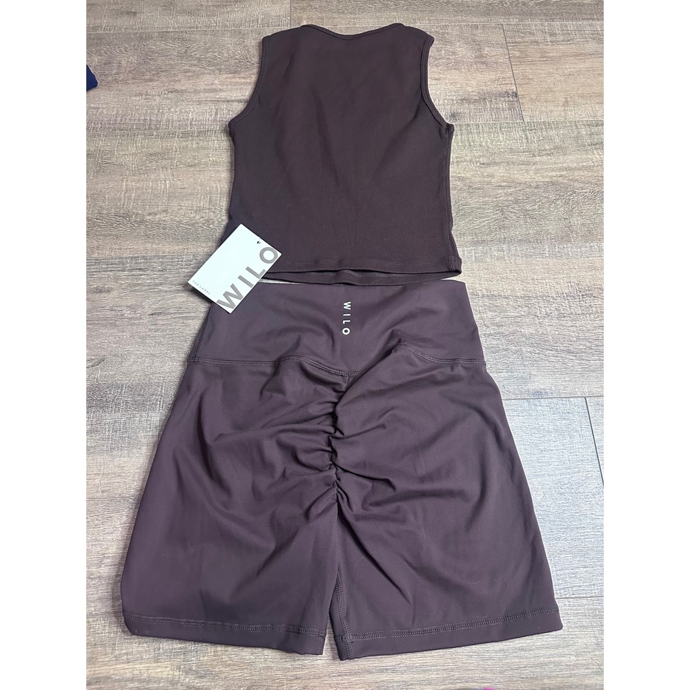 WILO The Label Espresso Ribbed Racer Tank and Scrunch Butt Biker Shorts Set Med - Picture 6 of 9